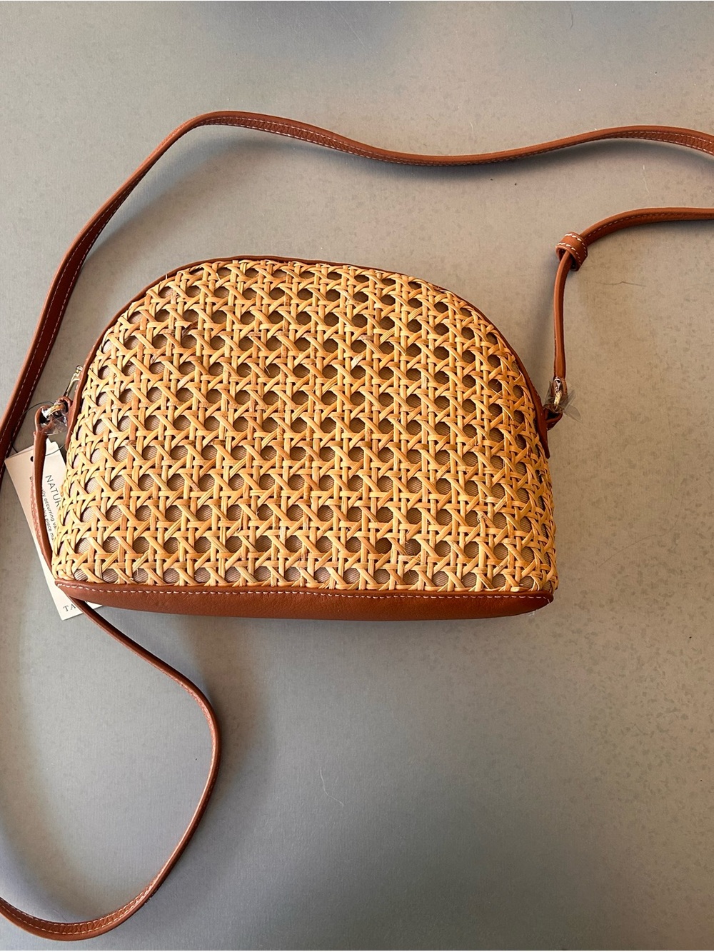 Talbots Natural Woven Crossbody with Tan Leather Trim